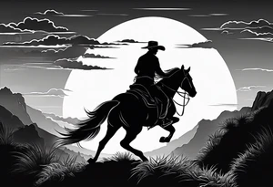 Cowboy on a horse riding in to the sunset silhouette tattoo idea