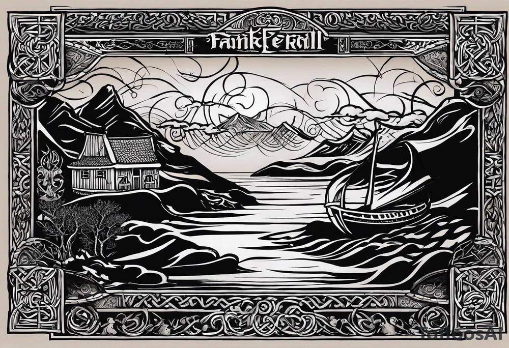 Design me a tattoo for an upper left arm half sleeve, with the script "Áit éigin taobh thall den farraige, áit éigin ag fanacht dom" and I was thinking originally to be over a coast scene (image uploaded) from a special place. Make it in the style of Viking or celtic designs incorporated into the design with a rune, but the text is a must tattoo idea