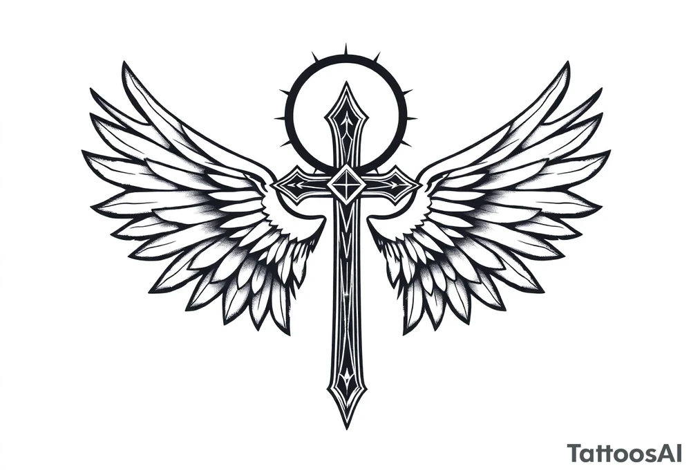 Geometric angel wings with Cross life and death tattoo idea