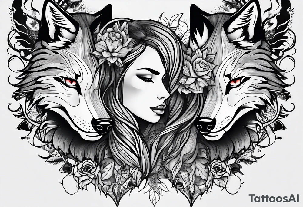 wolf's and woman's head split in half tattoo idea