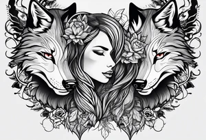 wolf's and woman's head split in half tattoo idea