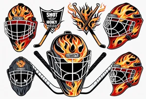 goalie mask with crossed hockey sticks and flames that says "SHOT HOCKEY" tattoo idea