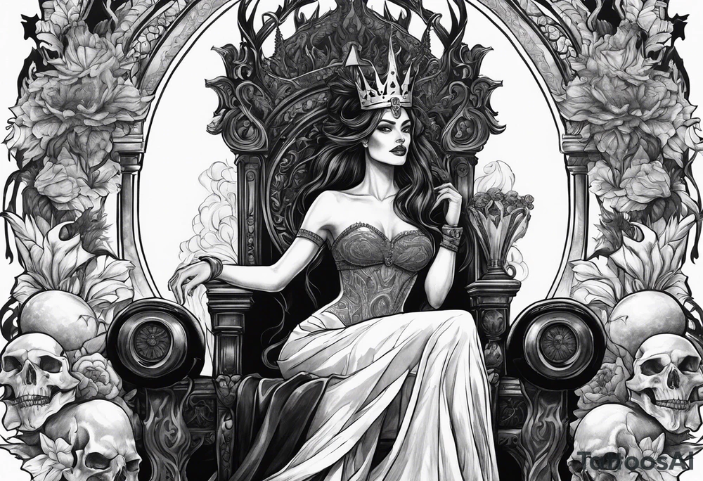 Hades wearing a black crown and Persephone on a throne in Hell sitting skulls with flame above tattoo idea
