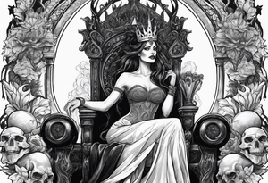 Hades wearing a black crown and Persephone on a throne in Hell sitting skulls with flame above tattoo idea