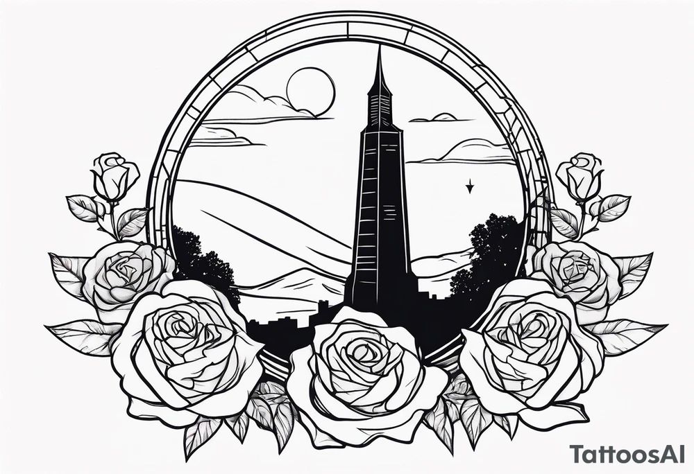 Tesseract in shape of dark tower with roses around it tattoo idea