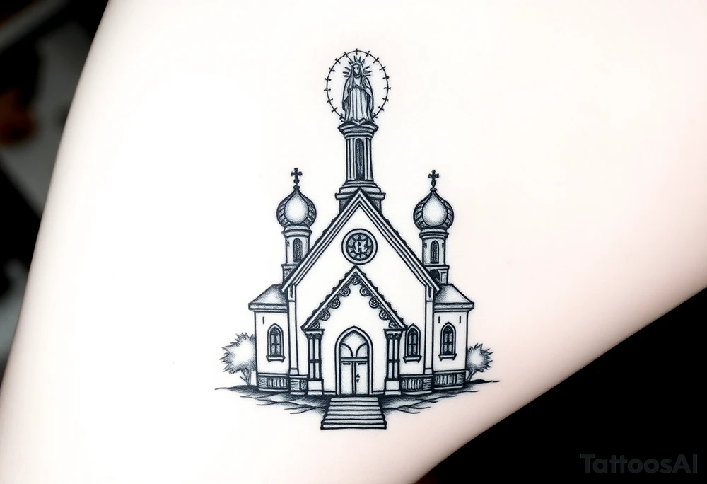 in a dorsal view a detailed orthodox church with a band at the front shrouded with a mist above and fading into a virgin mary overlooking above at the top tattoo idea