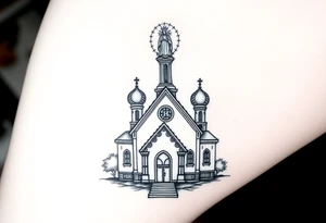 in a dorsal view a detailed orthodox church with a band at the front shrouded with a mist above and fading into a virgin mary overlooking above at the top tattoo idea