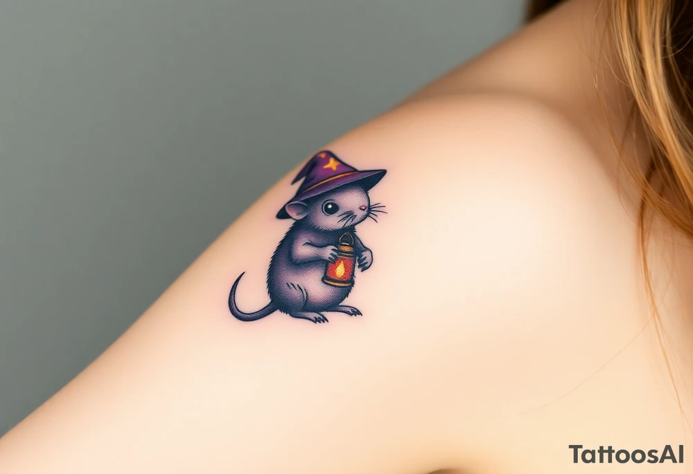 A magical mole wearing a wizard’s hat, holding a tiny glowing lantern, with deep purple and gold hues tattoo idea