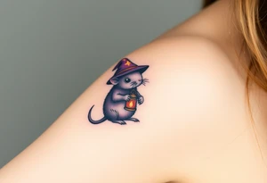 A magical mole wearing a wizard’s hat, holding a tiny glowing lantern, with deep purple and gold hues tattoo idea