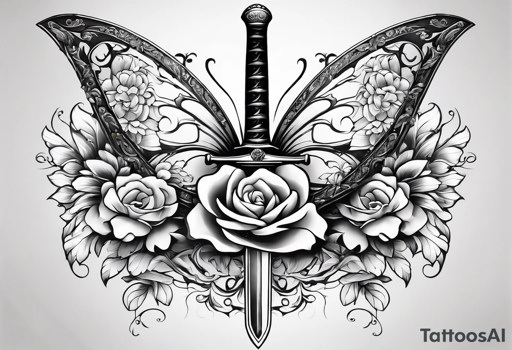 Sword with flowers wrapped around the sword. Also a butterfly tattoo idea