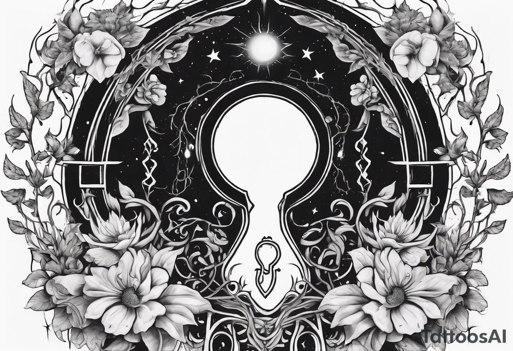 an intricate keyhole surrounded by elements like vines, flowers, and celestial symbols. Inside the keyhole, incorporate personal symbols or imagery that hold significance to the individual. tattoo idea
