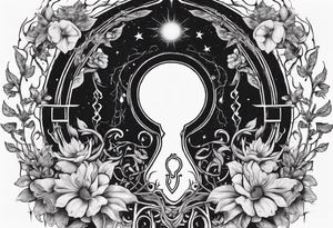 an intricate keyhole surrounded by elements like vines, flowers, and celestial symbols. Inside the keyhole, incorporate personal symbols or imagery that hold significance to the individual. tattoo idea