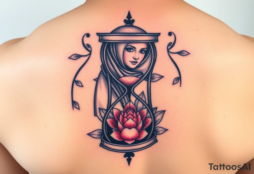 Broken hour glass with a lotus flower and woman with hijab in background tattoo idea