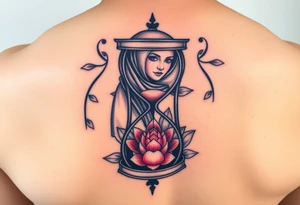 Broken hour glass with a lotus flower and woman with hijab in background tattoo idea