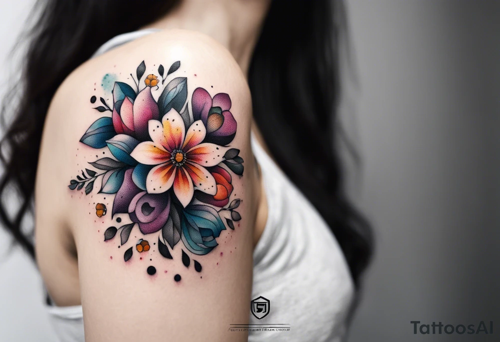 Shoulder tattoo of colorful flowers surrounding the number 7 tattoo idea