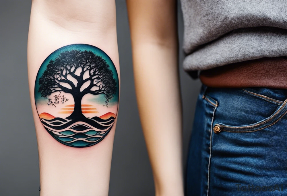 A tattoo of an abstract Tree of Life tattoo to be placed directly on the bicep of a woman. It can wrap around the arm a little. It should have roots growing out of the bottom. The roots slowly turn into water from the Great Wave by Hokusai. A golf flag should be placed discreetly growing out of the ground. 2 license plate tags should be hanging from the tree. Place a few music notes in the areas the leaves should be. The letters A U should be engraving into the tree trunk in a heart. Not inside a circle. The overall shape of the tattoo should be organic. Black and white only. tattoo idea