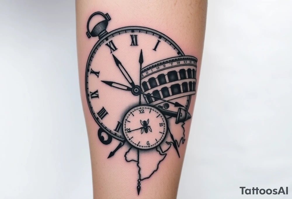Imaginez un tatouage avec plusieurs éléments disting une horloge affichant 6h40 et peut voir des éléments architecturaux de Rome, comme le Colisée, un gladiateur avec une abeille sur le bouclier Enfin, dans le coin inférieur de l'image une carte de la centre Afrique et la grenade  de la cavalerie tattoo idea