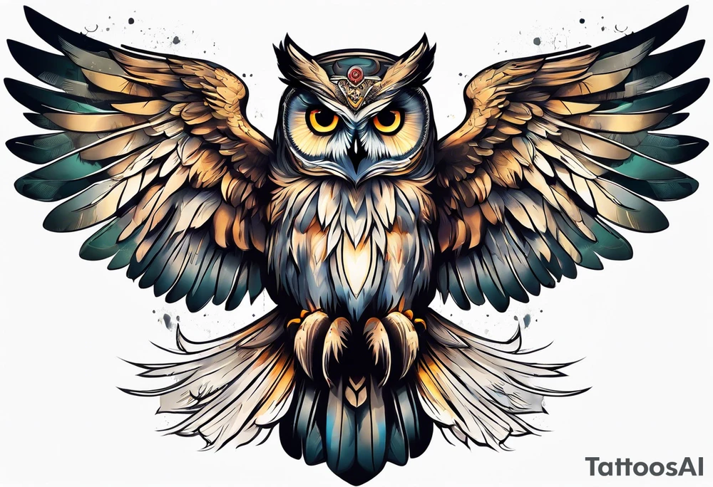 Sleeve with an owl with angel wings tattoo idea