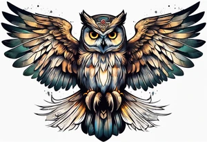 Sleeve with an owl with angel wings tattoo idea