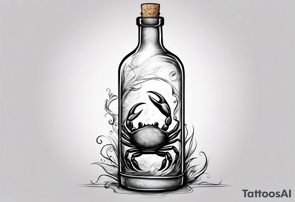 A message in a bottle. Rolled up map inside the bottle with a crab hanging on to the outside of the bottle. The bottle has a cork. tattoo idea