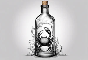 A message in a bottle. Rolled up map inside the bottle with a crab hanging on to the outside of the bottle. The bottle has a cork. tattoo idea