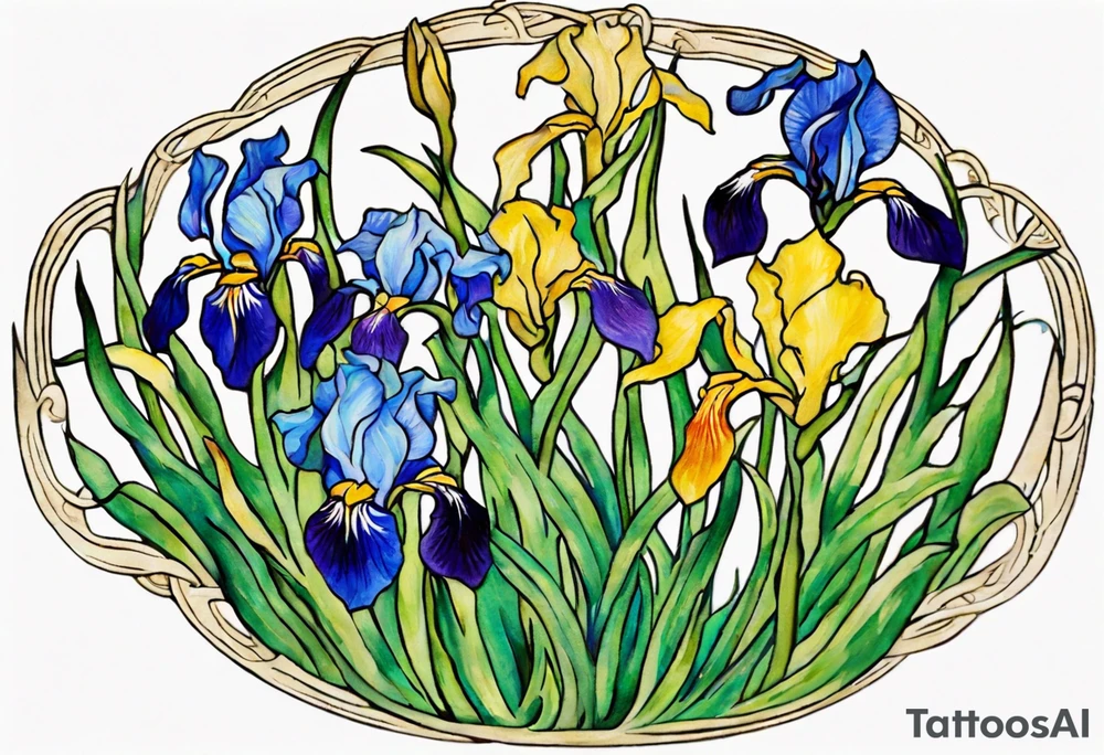 Create a small thick colorful Vincent van Gogh Irises tattoo , with vines in Celtic knots gracefully intertwining at a central point in the middle of the wreath.  The intended placement is on the upper chest. The overall design should be small in size while maintaining a delicate and artistic aesthetic. Pay attention to the graceful flow of the vines and the placement of the irises to achieve a refined and elegant look. tattoo idea