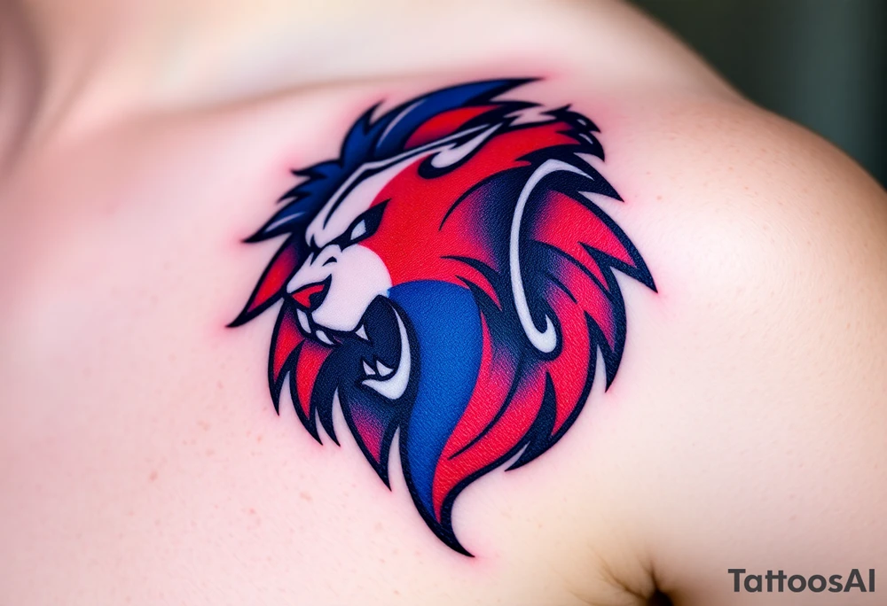 A Czech flag (blue. white and red) morphing into a roaring lion, symbolizing national pride and strength, with deep red, white, and royal blue tones. tattoo idea