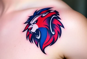 A Czech flag (blue. white and red) morphing into a roaring lion, symbolizing national pride and strength, with deep red, white, and royal blue tones. tattoo idea