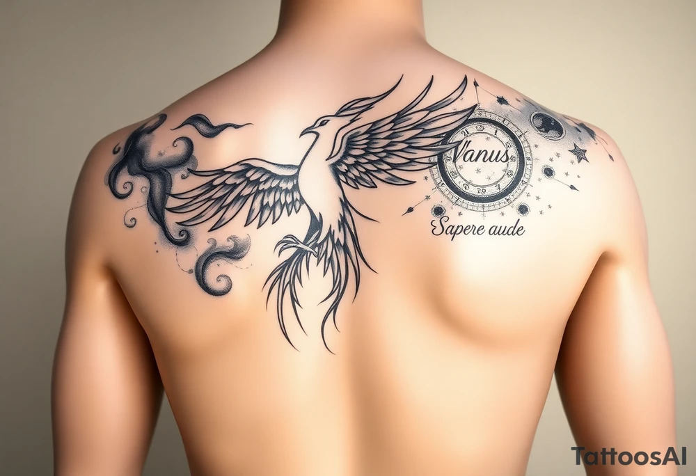 A realistic mannequin or digital human torso shown from the front, with accurate adult male proportions and natural lighting. The mannequin’s right shoulder, chest, and upper arm feature a detailed black and grey tattoo design. The tattoo includes a rising phoenix across the chest, smoke-like flowing elements on the side of the torso, the Latin phrase “Sapere aude” on the upper arm, and a starry night sky with constellations blending into the shoulder and upper arm. The phases of Venus appear subtly integrated into the night sky area on the arm instead of across the chest. The style should be elegant, modern, and realistic—like a professional tattoo concept photo, not an illustration. tattoo idea