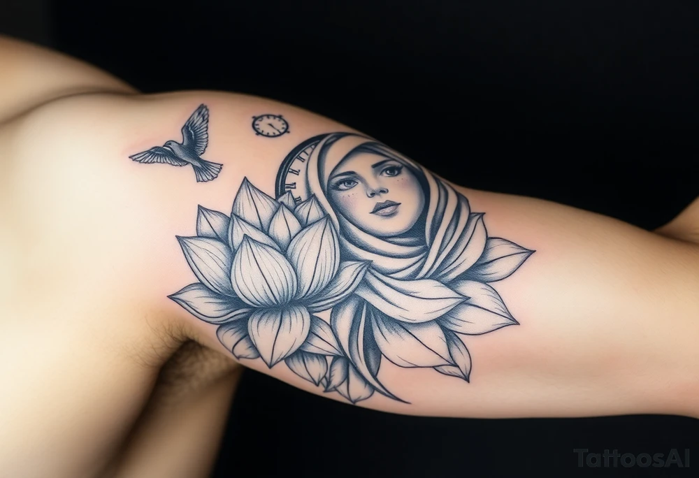 Lotus flower that breaks into flying birds and a clock in background with an arab woman with scarf covering her face tattoo idea