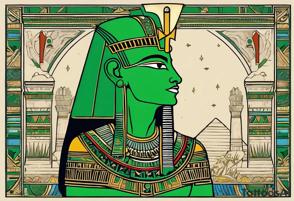 The tattoo represents Osiris, the god of the afterlife and resurrection, with his iconic green skin and traditional attire. His body is wrapped in a detailed shroud, and he is depicted with the Atef crown, featuring the white crown of Upper Egypt flanked by two feathers. His eyes are serene yet powerful, reflecting his role as the judge of the dead. The detailed texture of his skin and attire, along with realistic shadows and highlights, accentuate Osiris’s divine and otherworldly presence. tattoo idea