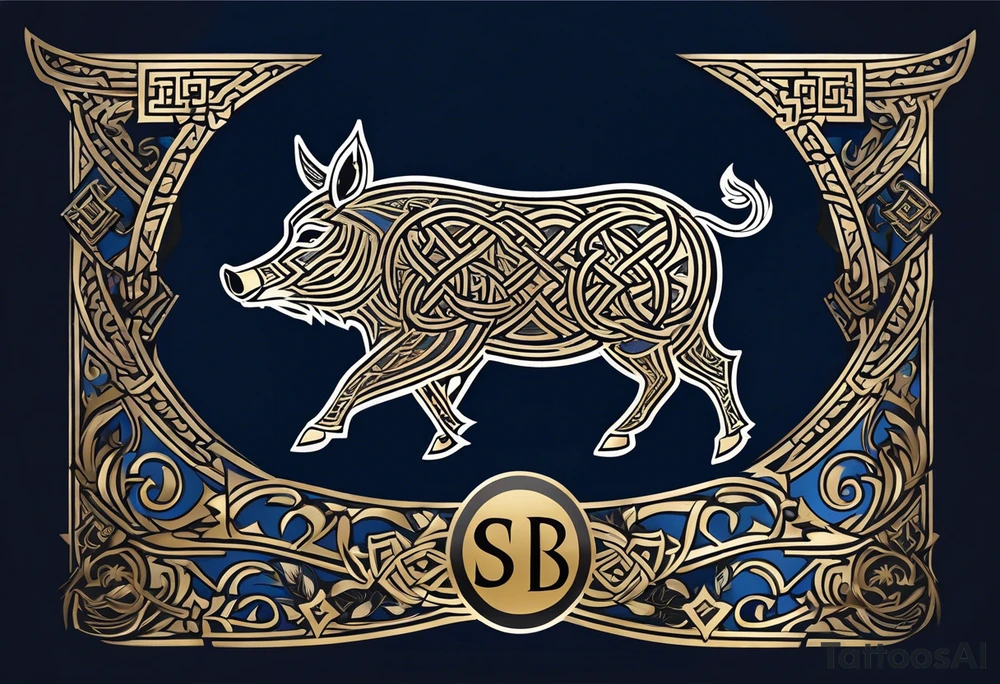 Side profile, Celtic, tribal, wild boar, On a Chatwin family crest with blue background, two gold stars, and a gold Chevron, and a Thistle. With bold black tribal lines. ancient Celtic, tribal boar tattoo idea
