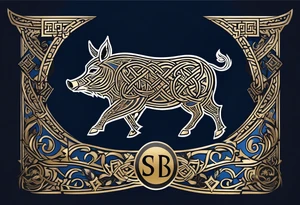 Side profile, Celtic, tribal, wild boar, On a Chatwin family crest with blue background, two gold stars, and a gold Chevron, and a Thistle. With bold black tribal lines. ancient Celtic, tribal boar tattoo idea