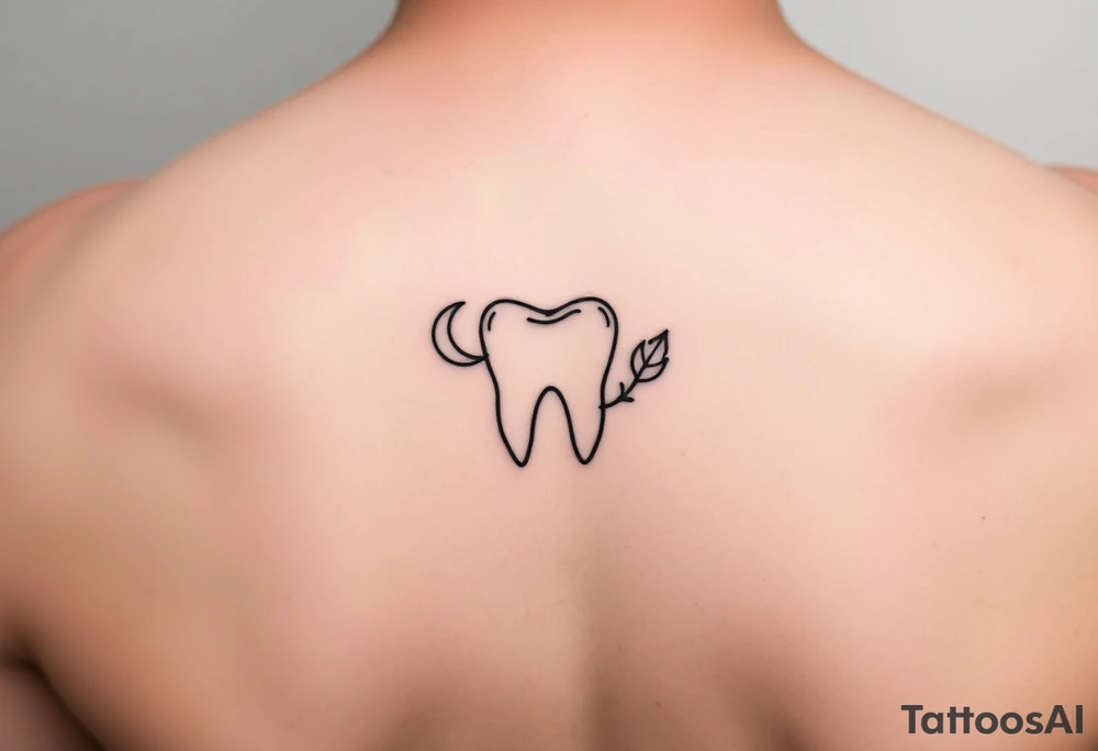 Tiny line-art molar tooth outlined in black with a crescent moon on one side and a single leaf on the other, minimal dot-work texture, elegant and dainty tattoo idea