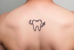 Tiny line-art molar tooth outlined in black with a crescent moon on one side and a single leaf on the other, minimal dot-work texture, elegant and dainty tattoo idea