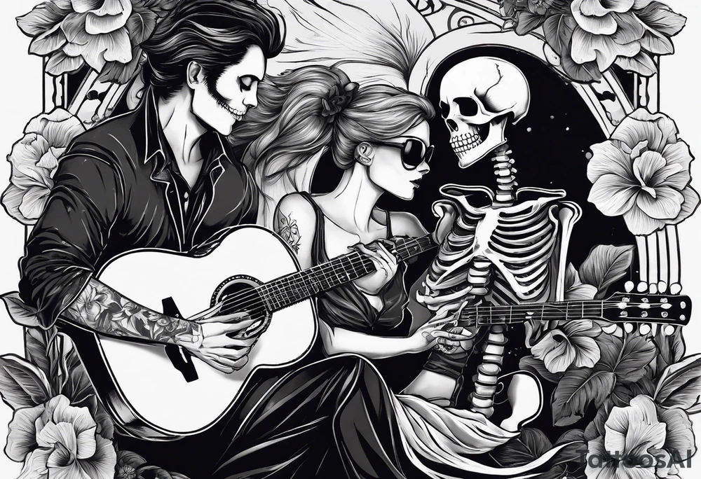 a female skeleton holding a hibiscus flower and a male skeleton playing a guitar. The scene should capture a moment of connection between the two, with the female skeleton attentively listening to the music played by the male skeleton. tattoo idea