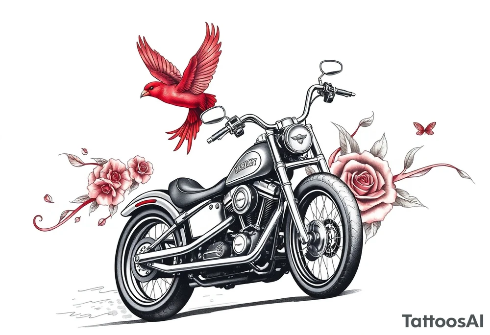 Harley motorcycle driving away, two red birds flying, roses and lace, flames tattoo idea