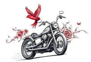 Harley motorcycle driving away, two red birds flying, roses and lace, flames tattoo idea
