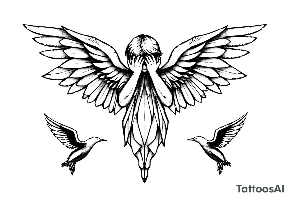 Angel with two wings covering its face, two wings covering its feet, and two flying out at its sides tattoo idea