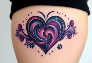 A galaxy-themed heart, filled with swirling deep purple, magenta, and navy blue, dotted with tiny white stars for a mesmerizing space feel and cat paw prints around whole heart tattoo idea