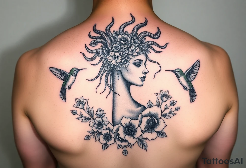 feminine medusa surrounded by hummingbirds and flowers tattoo idea