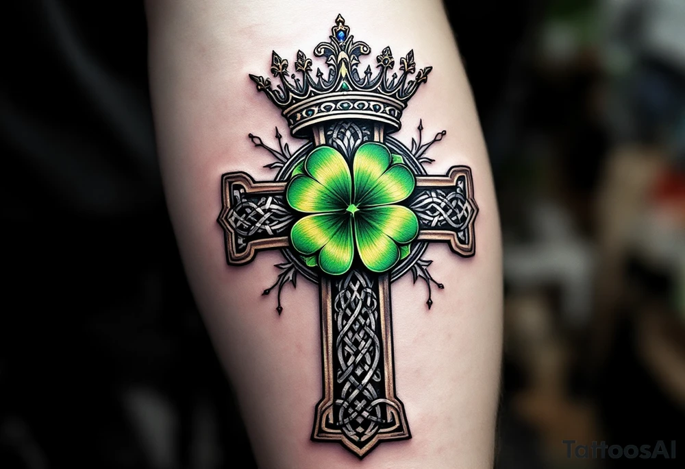 Celtic cross tattoo featuring intricate knotwork patterns along the arms and base of the cross. At the heart of the cross, place a vibrant four-leaf clover, its leaves shaded with subtle gradients of green, symbolizing luck and unity. Above the cross, incorporate a regal crown adorned with ornate details, such as small gemstones or filigree, to signify authority and strength. Behind the cross include a lot of filigree and celtic knots giving a tree of life vibe tattoo idea