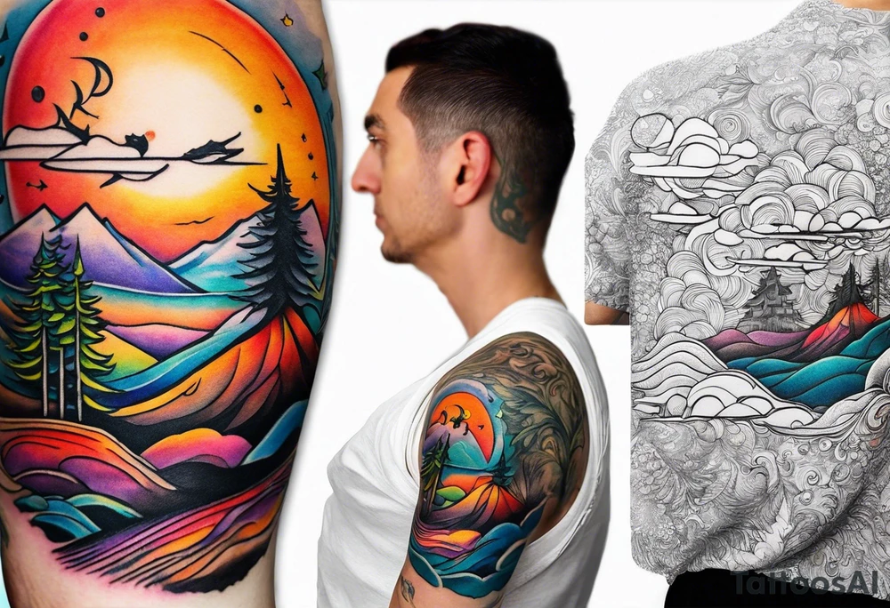 Landscape tattoo on the front neck that's appear to be ejecting from the skin, symbolizing the freedom. tattoo idea