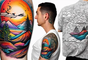 Landscape tattoo on the front neck that's appear to be ejecting from the skin, symbolizing the freedom. tattoo idea