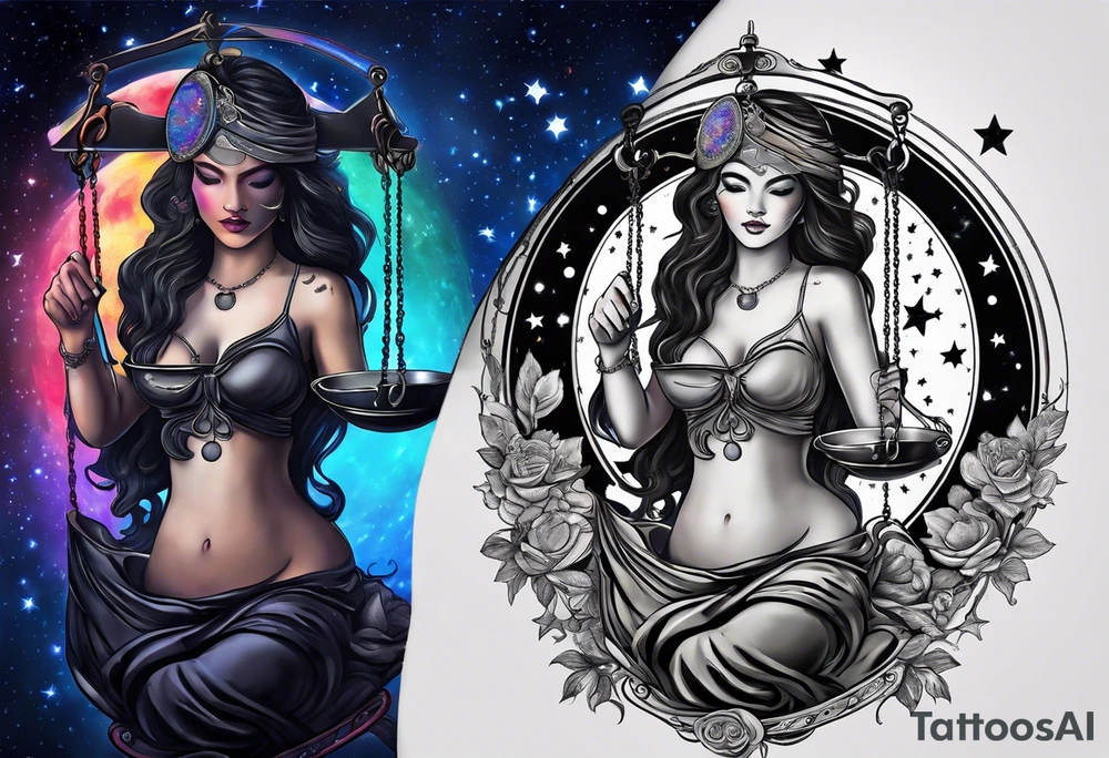 Beautiful woman blindfolded holding the libra scales, in the background is the libra constellation with a halfmoon surrounding half of the woman. The scales hang from the bottom of the half moon. Vibrant colors intensify the picture tattoo idea