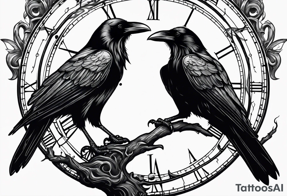 raven perched on clock tattoo idea