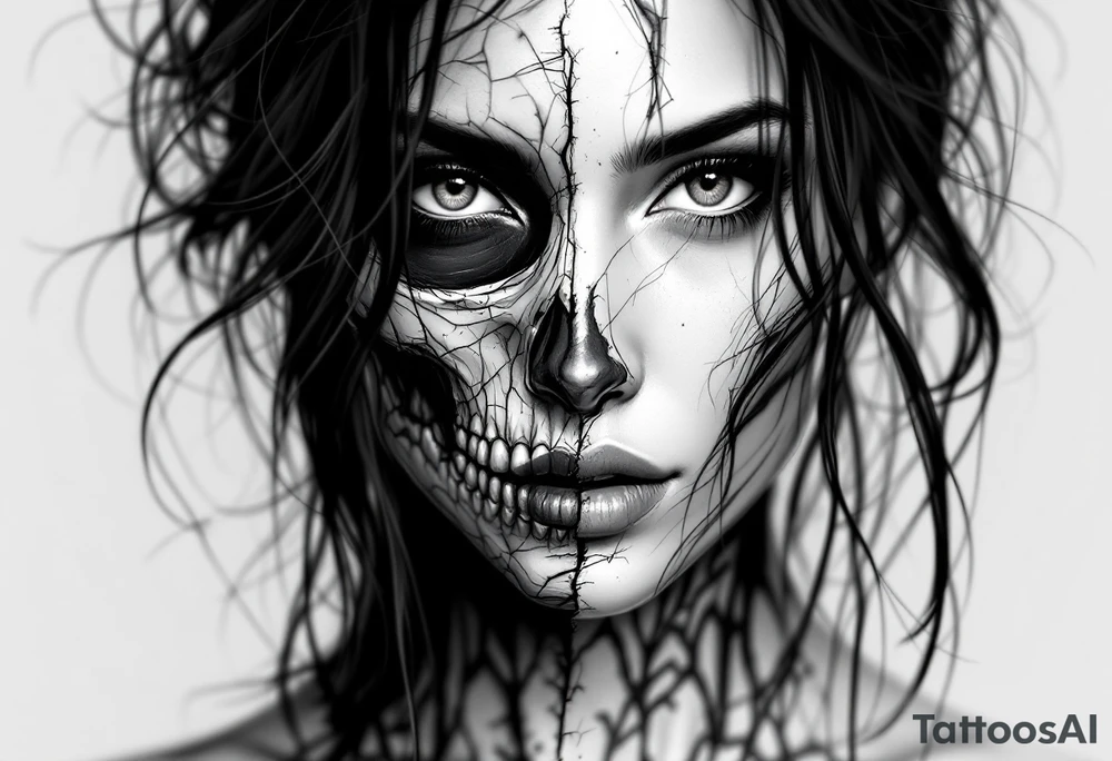Half female half skull portrait tattoo tattoo idea