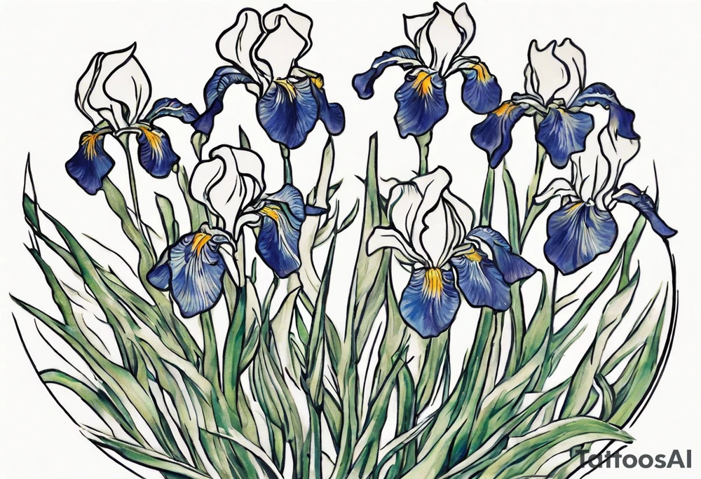 Create a small Vincent van Gogh Irises tattoo, with vines gracefully intertwining at a central point in the middle of the wreath.  The intended placement is on the upper chest. The overall design should be small in size while maintaining a delicate and artistic aesthetic. Pay attention to the graceful flow of the vines and the placement of the irises to achieve a refined and elegant look. tattoo idea