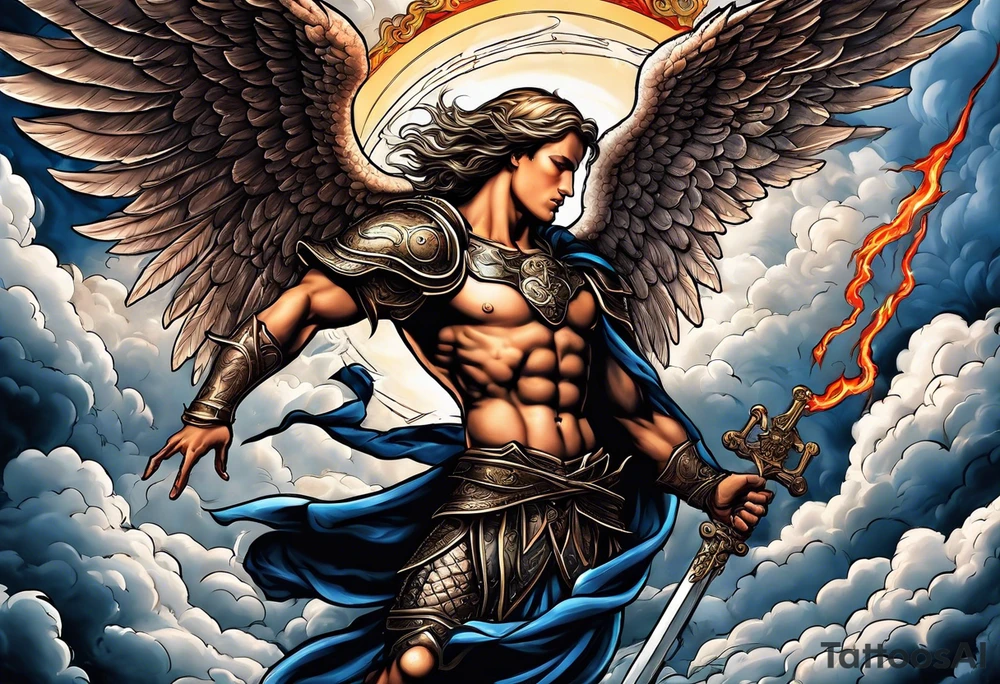 Michael the Archangel defeating the devil.  clouds and lightning in background tattoo idea