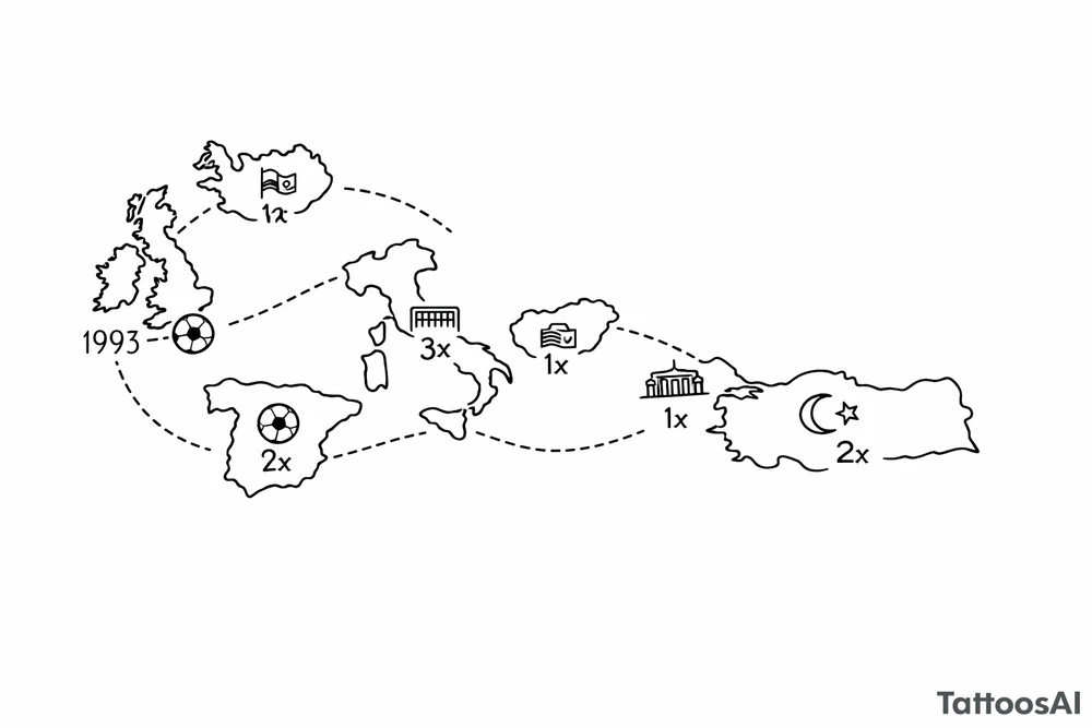 A football journey no crests stars each country on how many times ive played there
A fine-line world map or stylized route connecting Iceland ➔ Italy ➔ Spain ➔ Turkey ➔ Hungary ➔ France, with minimalist markers for each club.
Starting in uk 1993 tattoo idea